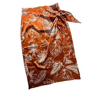 Forever 21 Rust Orange Tropical Leaf Print Faux Wrap Midi Skirt S Side Tie Satin